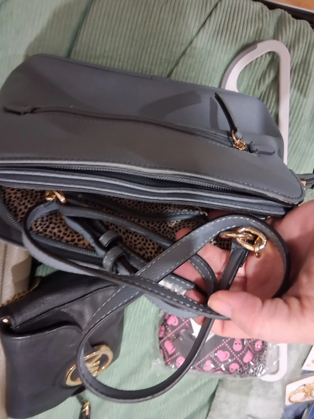Small Pebbled Light Gray Crossbody Bag with Gold Accent